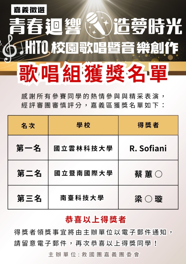 賀雲科大同學勇奪歌唱組冠軍